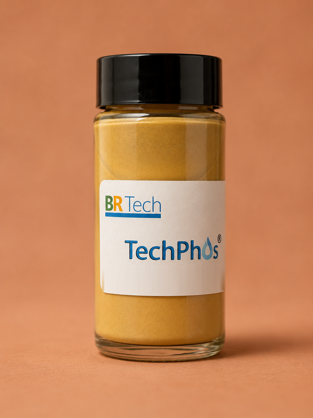 Frasco de TechPhos®, adsorvente proprietário BRTech em pó ocre-amarelado, com rótulo da marca